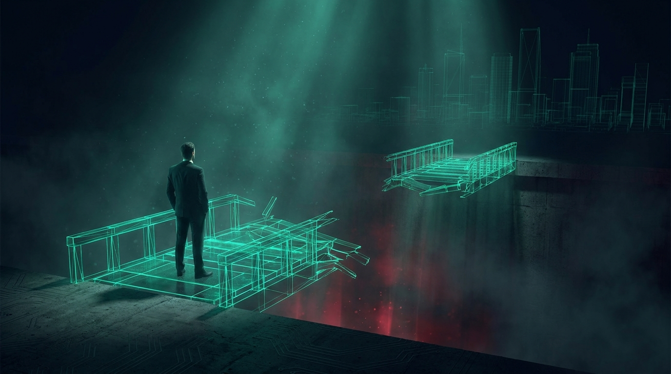 A lone figure standing at the broken edge of a glowing emerald data bridge over a dark chasm, with the bridge resuming at a different height across the gap, representing weekend gap risk