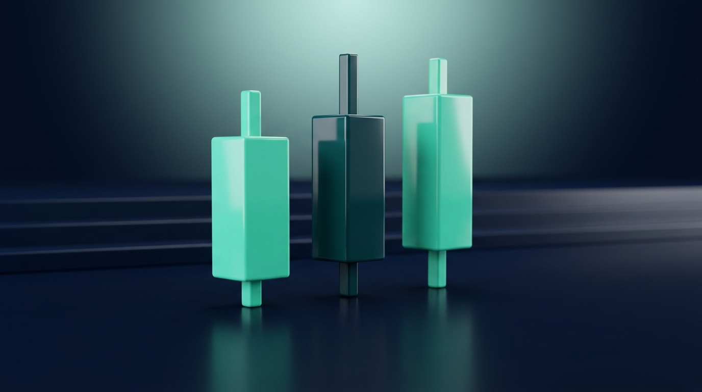 Branded 3D candlestick prisms in mint teal on a navy surface, rising in modest steady steps