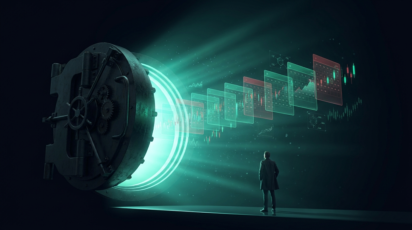 A cinematic render of a vault opening with a rhythmic row of glowing teal panels representing a recurring payout schedule for a funded trader