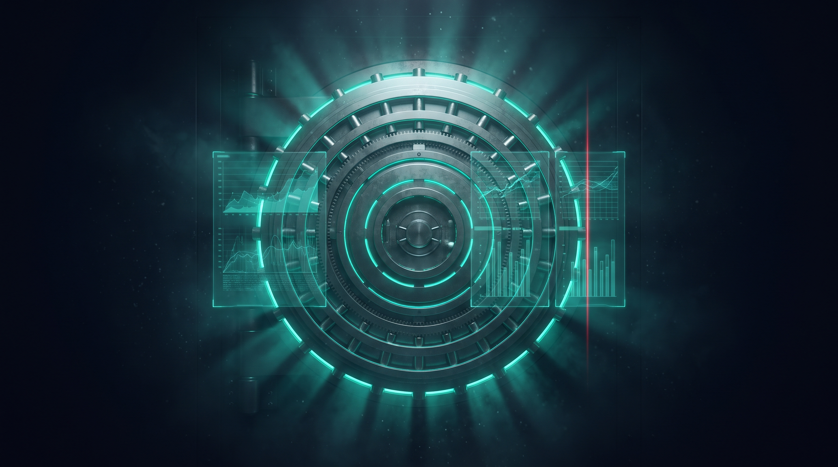 A cinematic render of a massive circular vault door glowing with emerald-teal light in a dark chamber, with translucent holographic data panels floating in front of it as if being read
