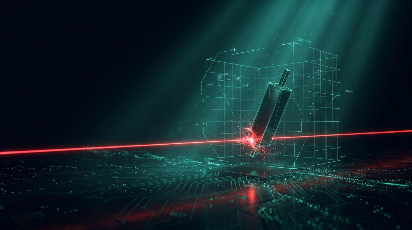 A cinematic render of a glowing teal boundary line with a small area crossing into amber, representing a trading rule violation