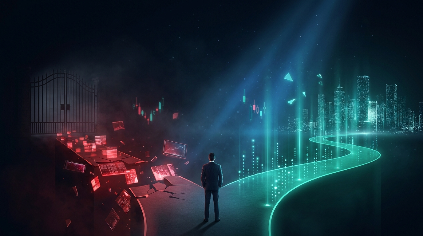 A cinematic render of a lone figure at a fork between a red crumbling path with a closed gate and a green orderly path rising toward a city of light, representing rule-based disqualification
