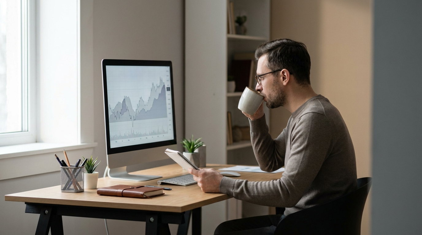 A disciplined trader beginning a calm morning routine at a tidy desk