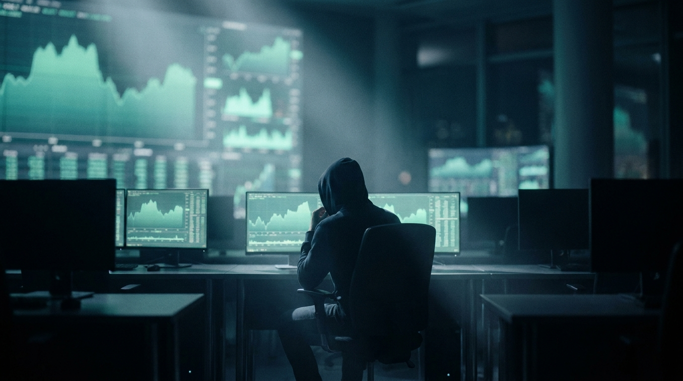 A lone trader seen from behind, small in frame, before a wall of softly glowing monitors in a dark trading room at dawn