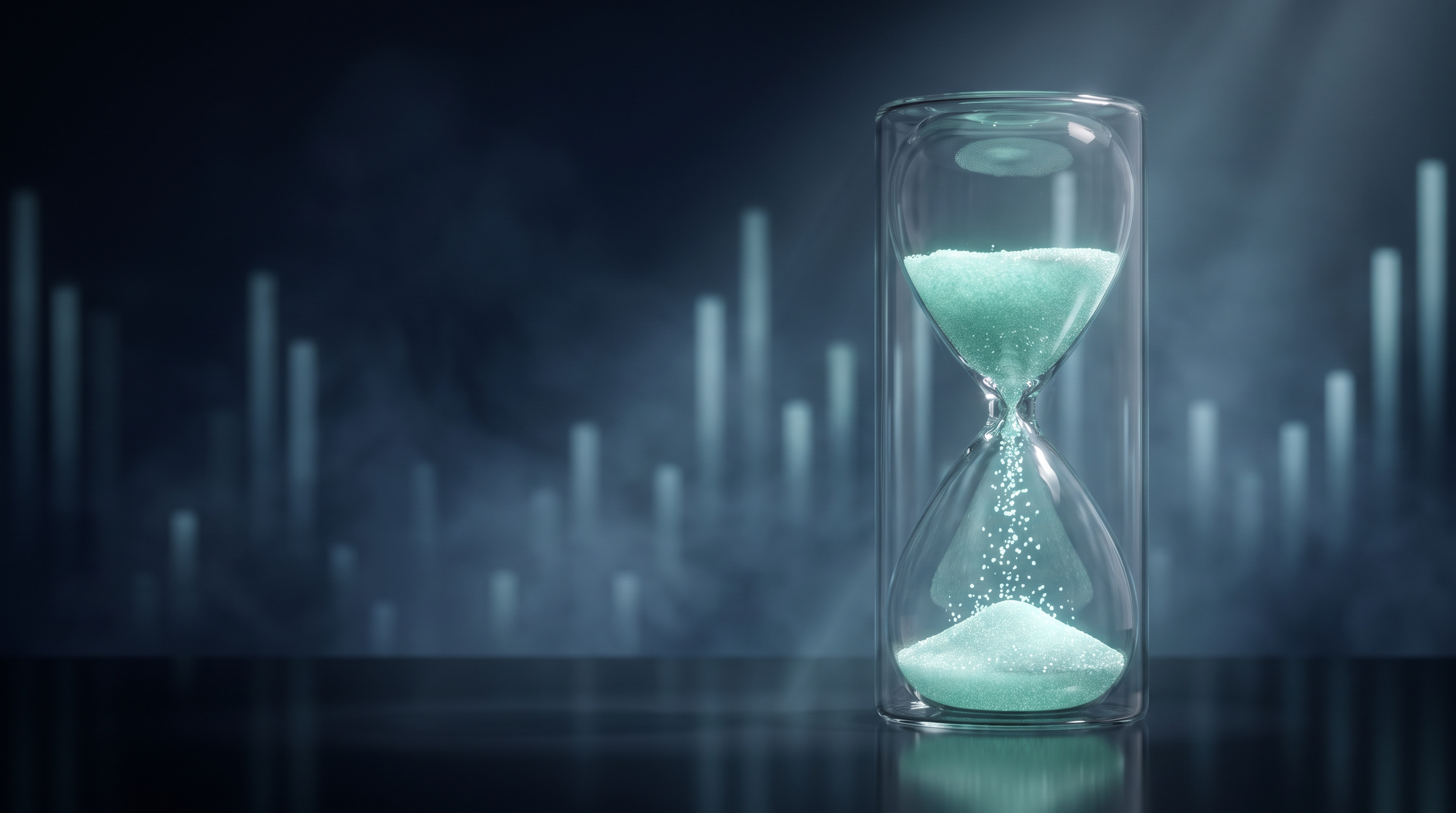 A glass hourglass on a dark reflective surface with glowing teal sand suspended in mid-fall, in front of soft vertical columns of light fading into a deep navy fog