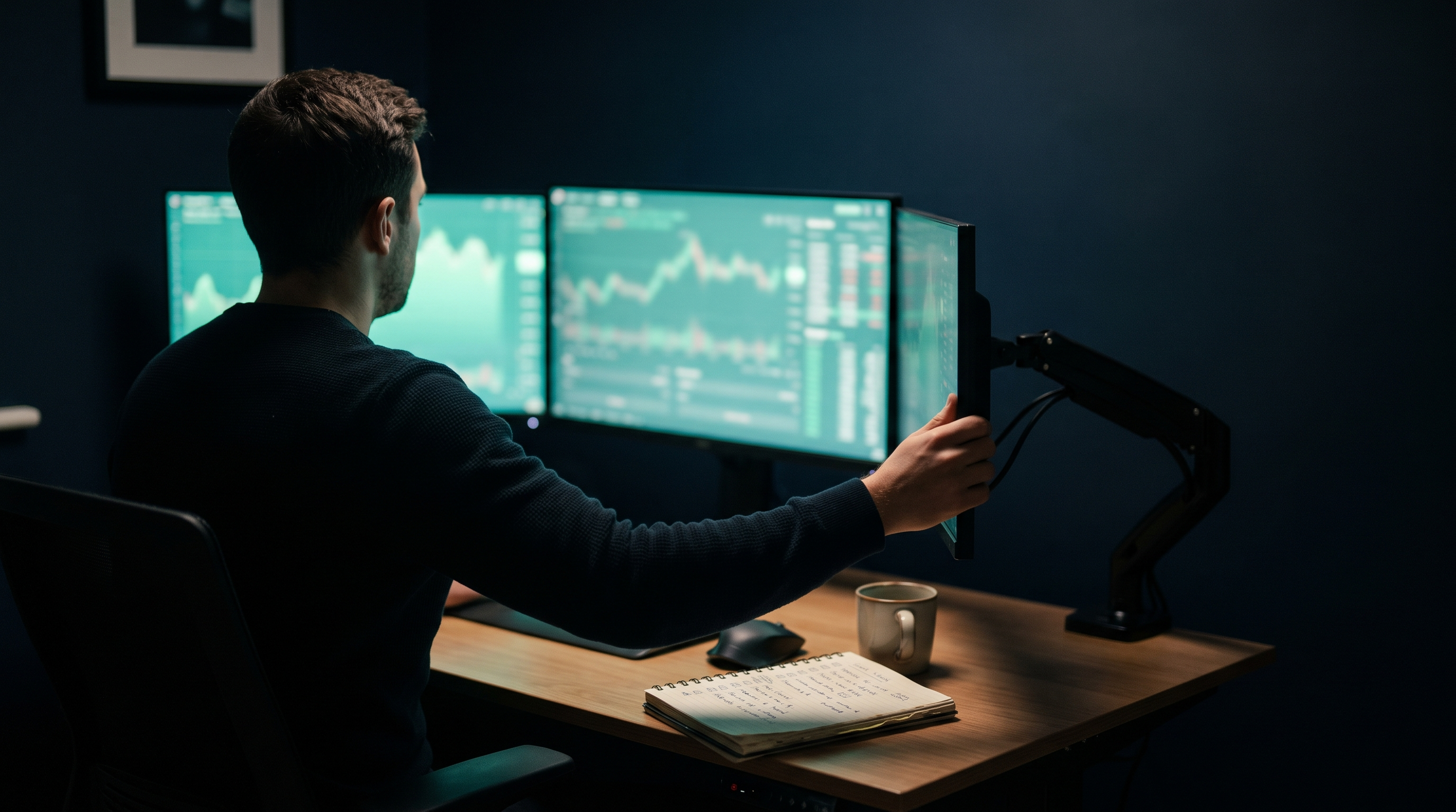 A trader seen from behind adjusting a monitor arm at a wooden desk in a dark navy home office, three screens glowing with teal charts beside a notebook and coffee mug