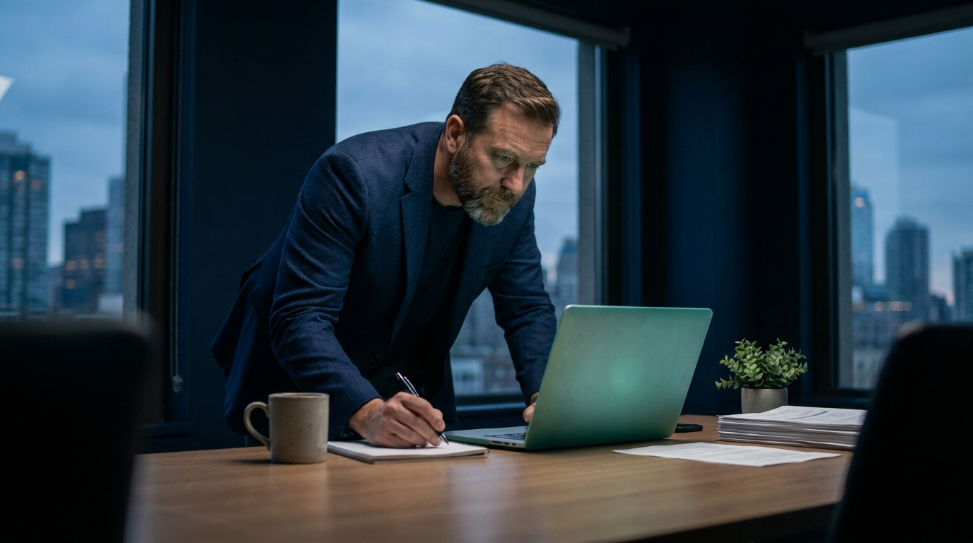 A composed trader at a desk reviewing figures on a laptop and notepad, representing weighing the cost of getting funded