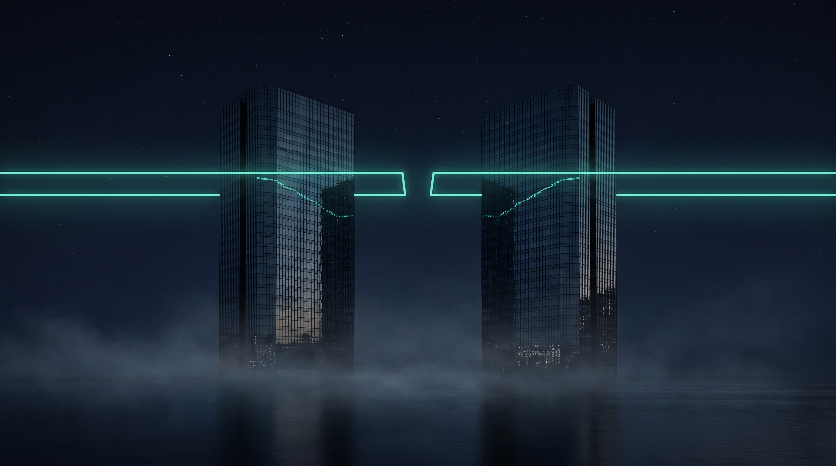 Two dark glass towers at night under a starry deep navy sky, each sending a glowing teal beam of light toward the other, the two beams almost meeting with a small gap between them, mist over still water below