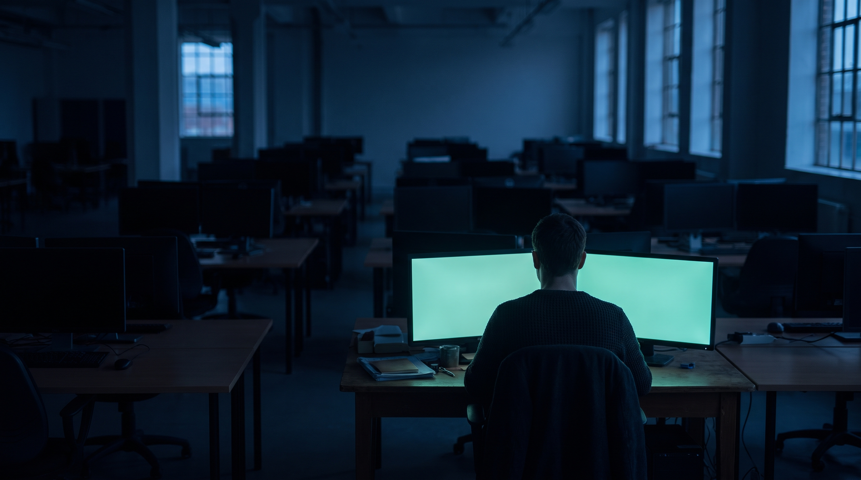 A lone trader in a dark sweater seen from behind at a desk in a large empty office at dawn, two monitors glowing teal-green among rows of dark unoccupied desks