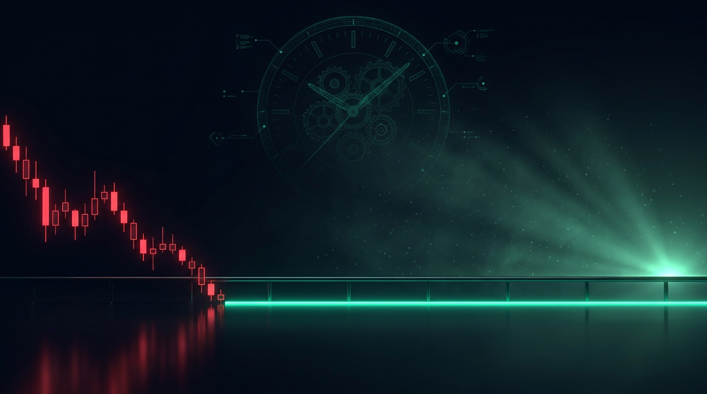 A cinematic render of a glowing teal threshold line stopping a run of red candlesticks with a new dawn on the horizon, representing the daily loss limit resetting