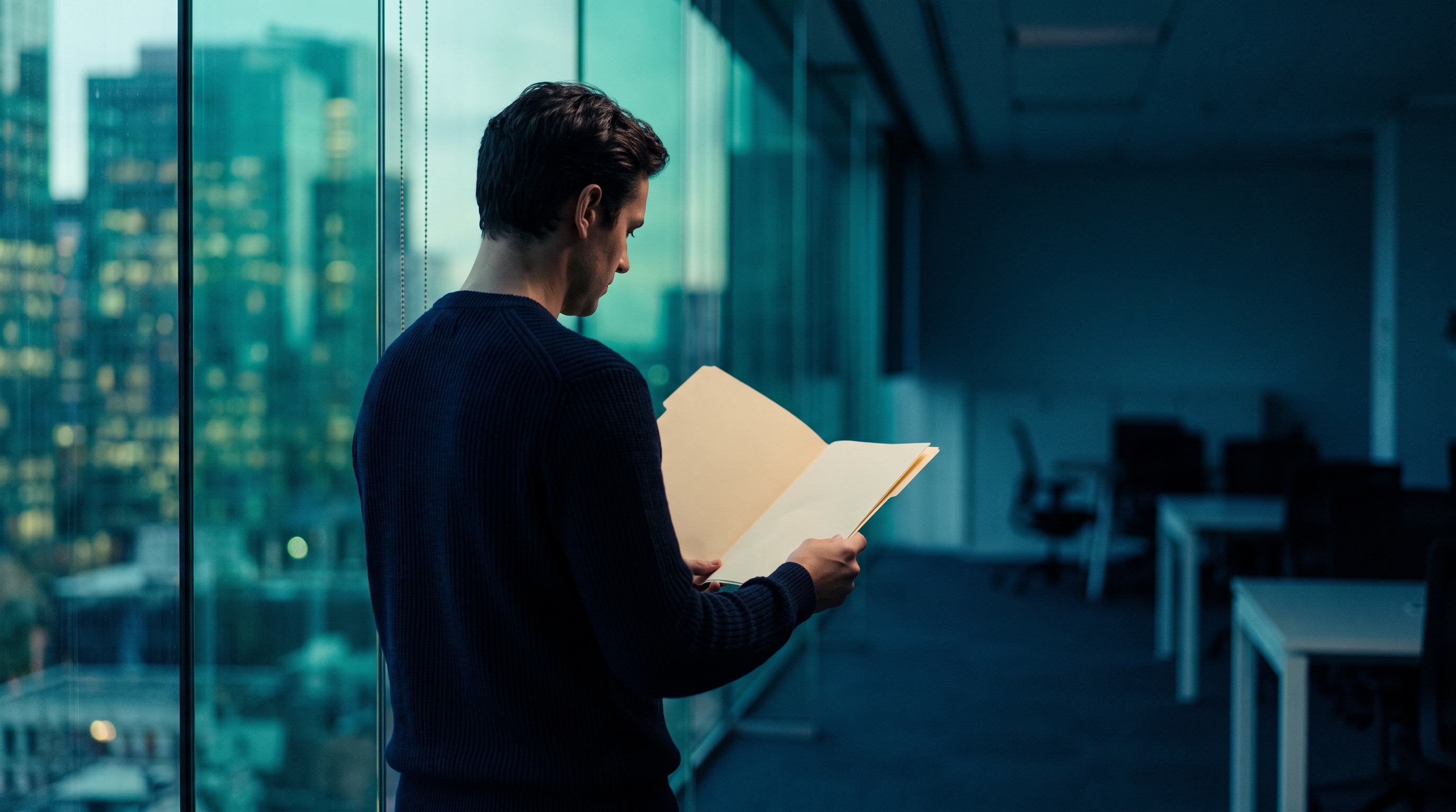 A person in a dark navy sweater seen from behind, standing at a tall office window at dusk and reading an open paper folder, with empty desks and a teal-lit city skyline in the background