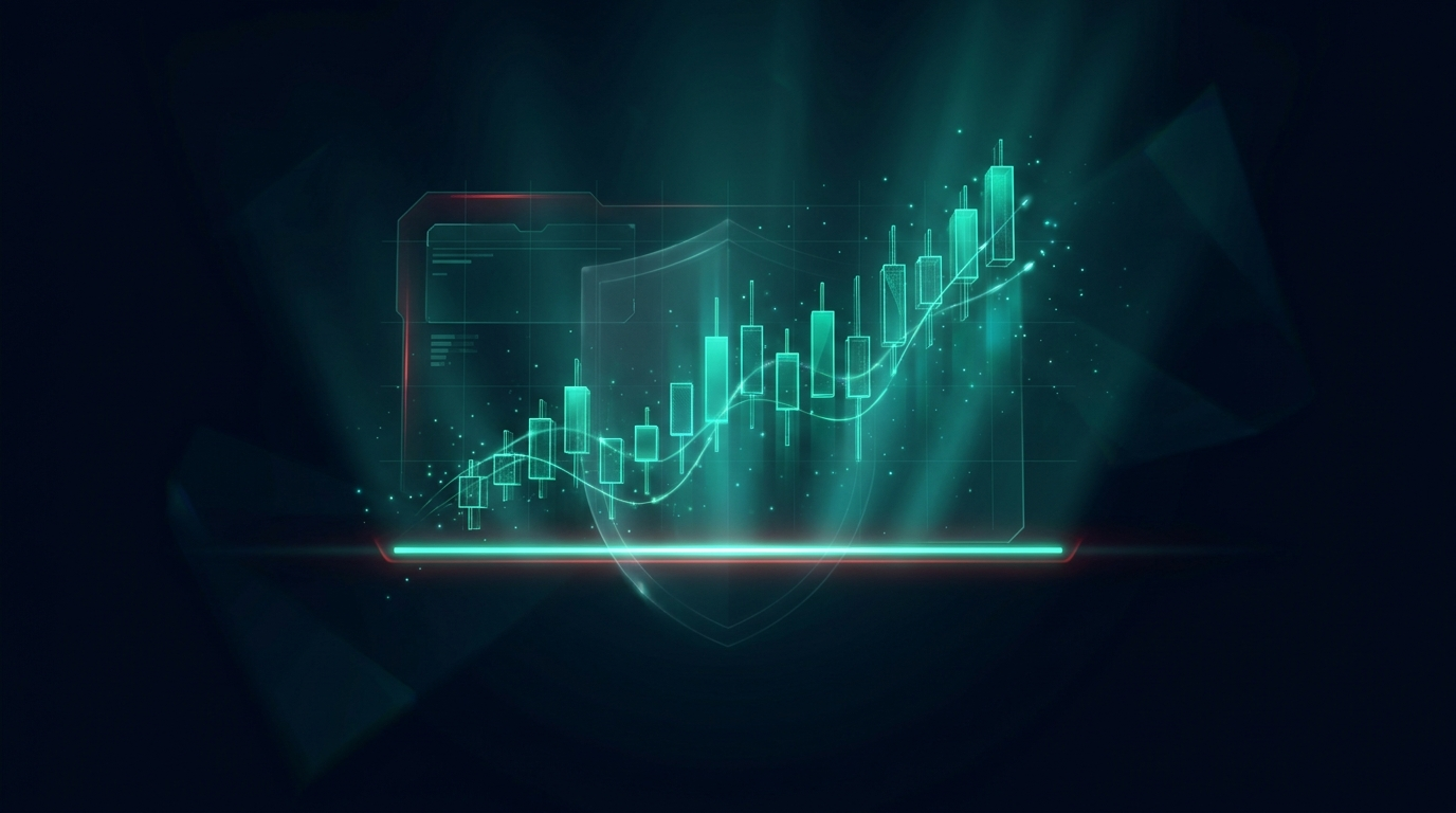 Abstract rising price line with a horizontal support level marked beneath it, in mint teal on navy