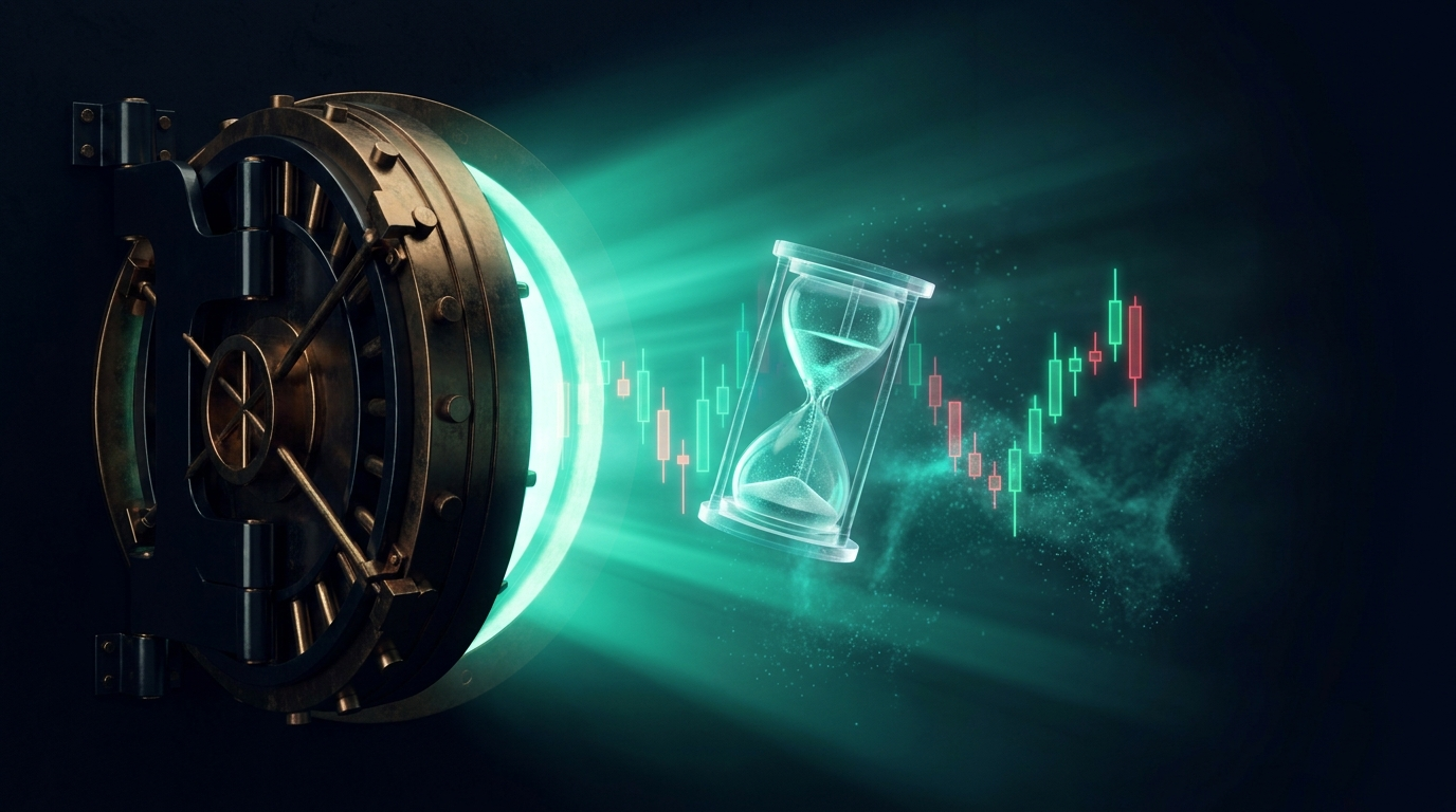 A large circular bank vault door partly open with emerald light spilling out and a translucent holographic hourglass standing in the beam, on a dark navy background