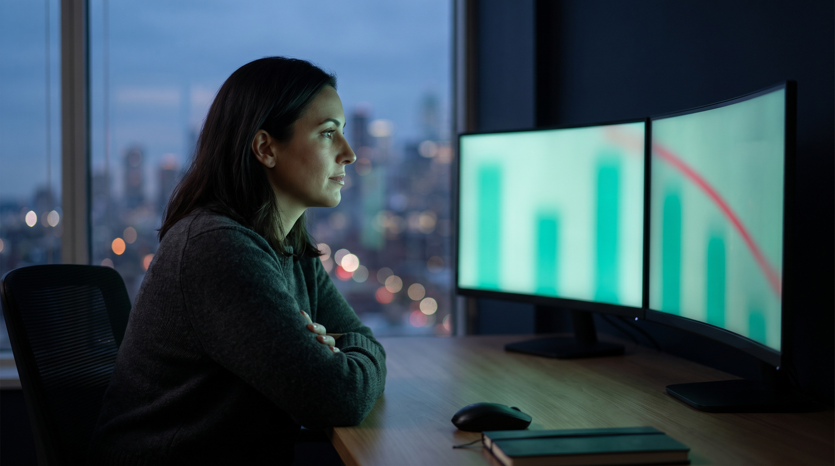A woman seen in side profile at a trading desk at dusk, arms folded, calmly studying two monitors that show blurred teal bars and a thin red line sloping downward, with city lights out of focus through the window behind her