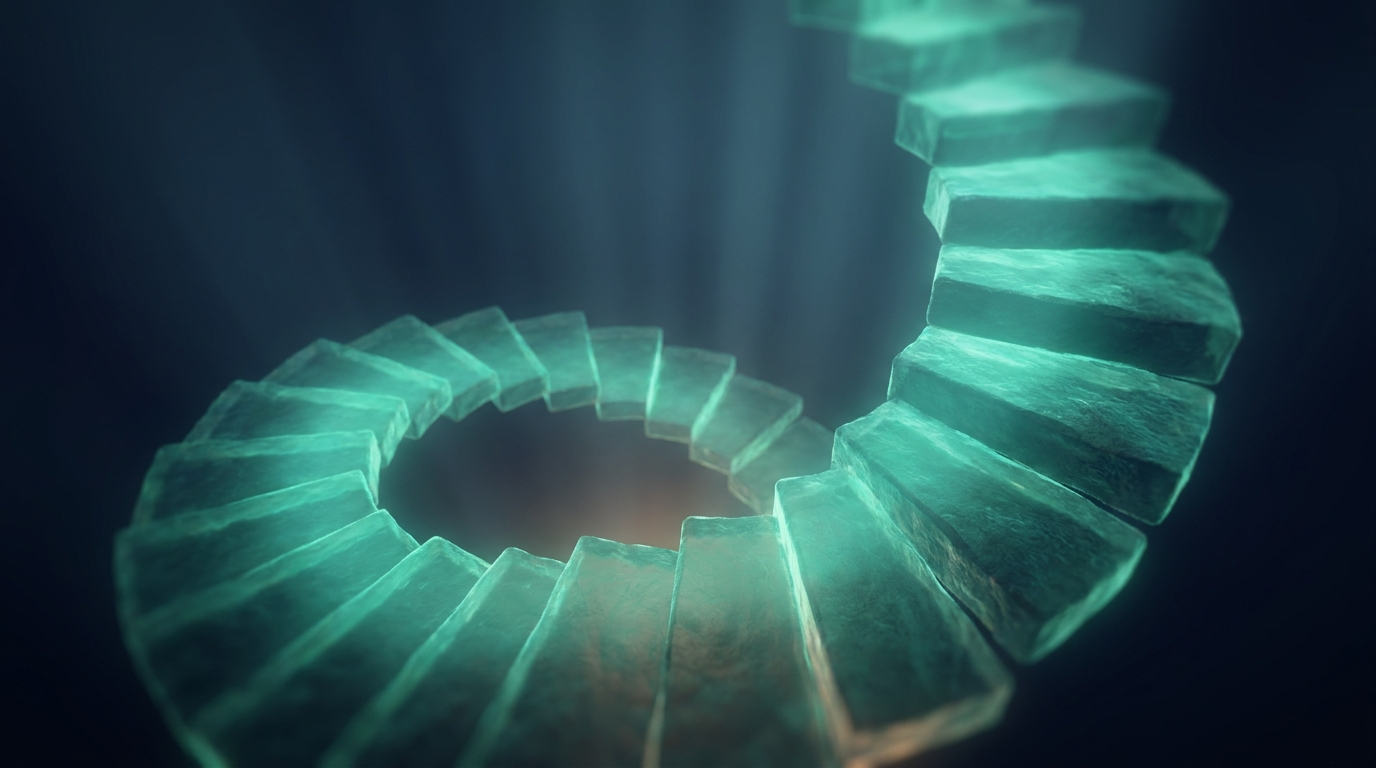 A cinematic render of a glowing teal descending staircase spiraling into darkness, representing averaging down into a loss