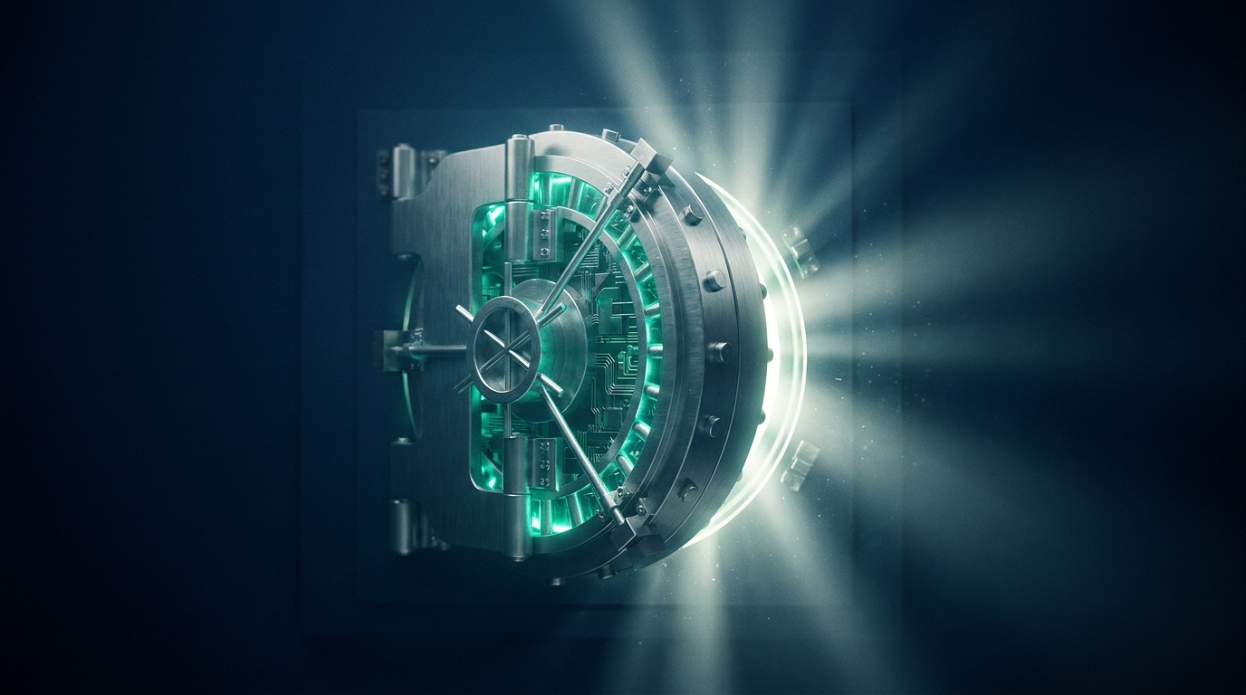 A cinematic render of a large glowing teal vault door ajar with light spilling out, representing locked-away trading capital and buying power
