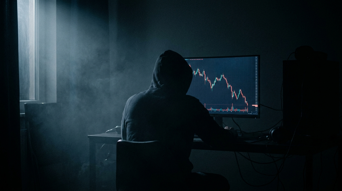 A lone trader in a dark room at night facing a single screen showing a sharply falling candlestick chart in red and teal, representing crypto weekend volatility