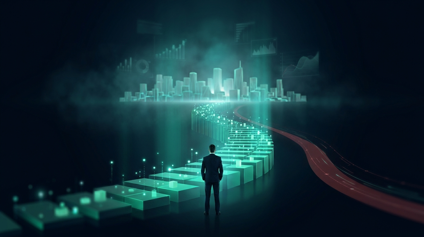 A lone figure ascends a glowing teal-green staircase of data toward a distant skyline in a dark navy environment