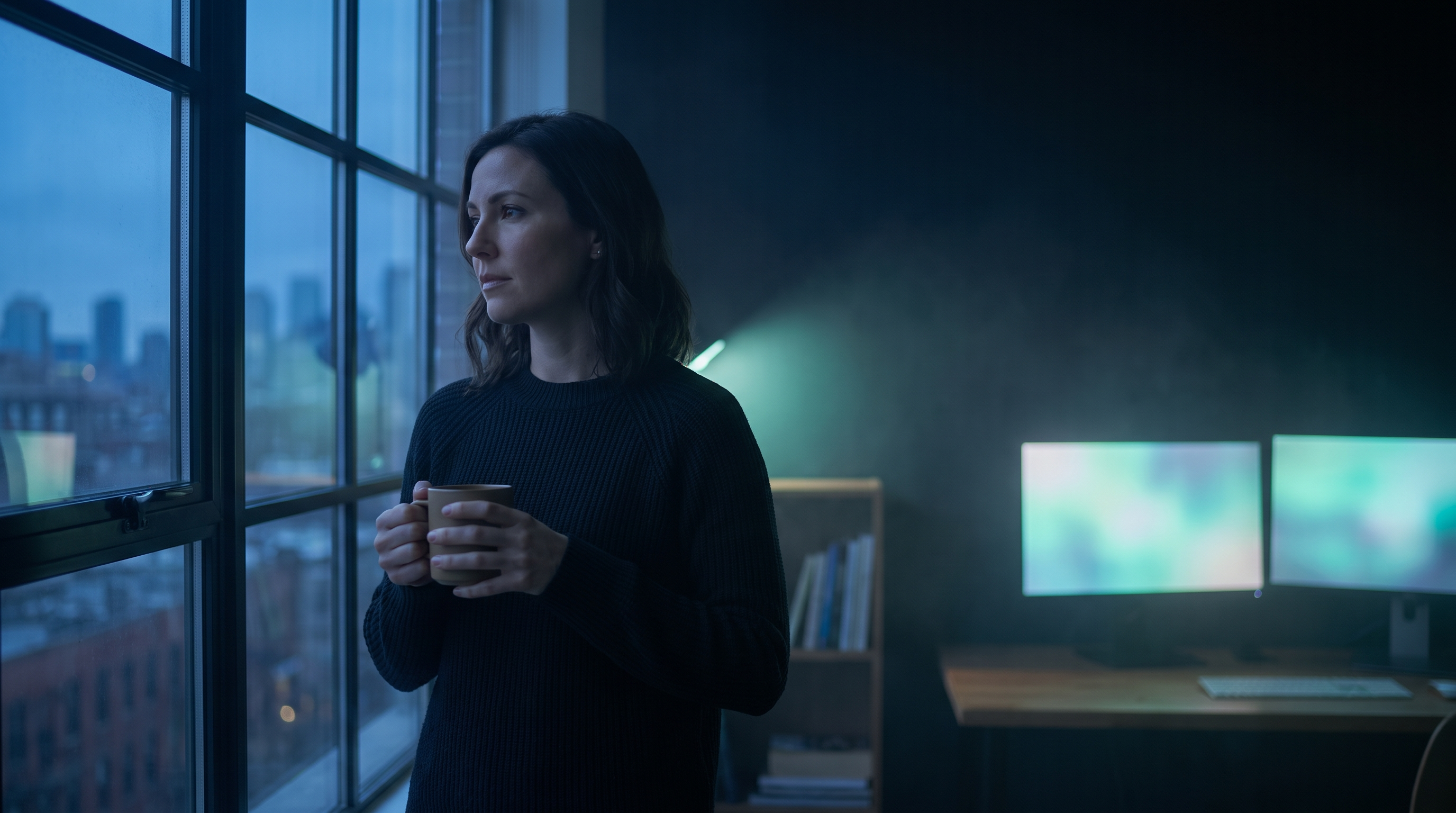 A trader standing at a window in a dark navy home office before dawn, holding a coffee mug, with monitors glowing teal on the desk behind her
