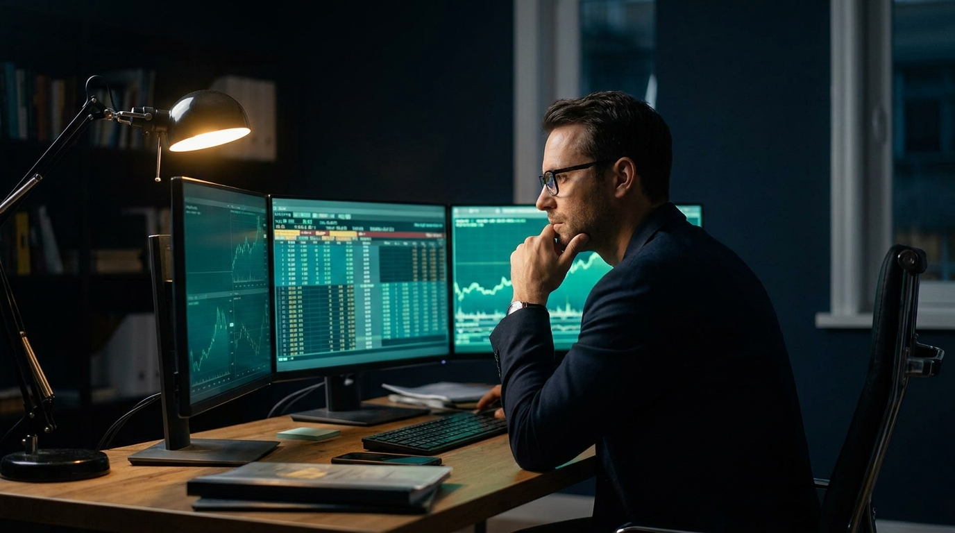 A focused trader studying an options chain on a multi-monitor desk in a dark navy office with soft teal screen glow