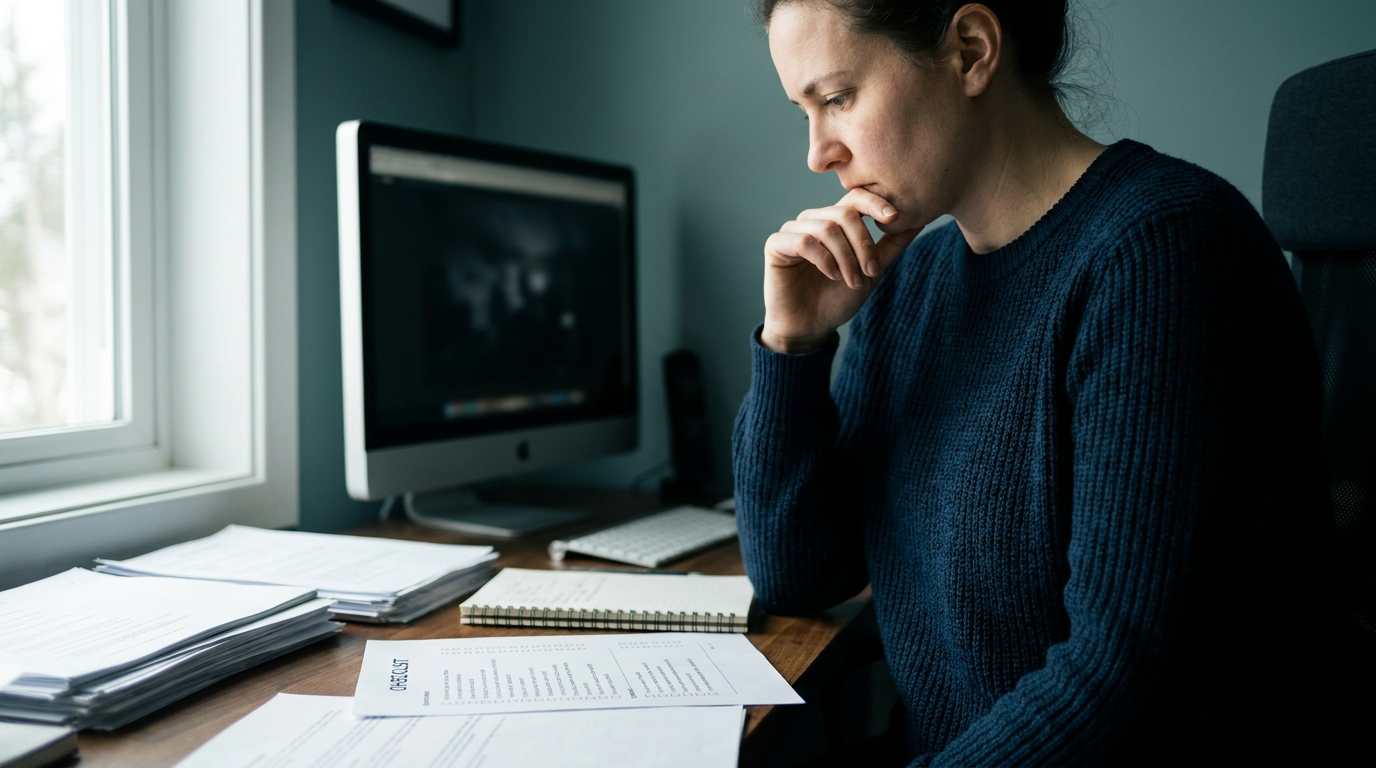 A focused trader at a tidy desk in soft natural light, carefully reviewing a checklist beside a dim monitor