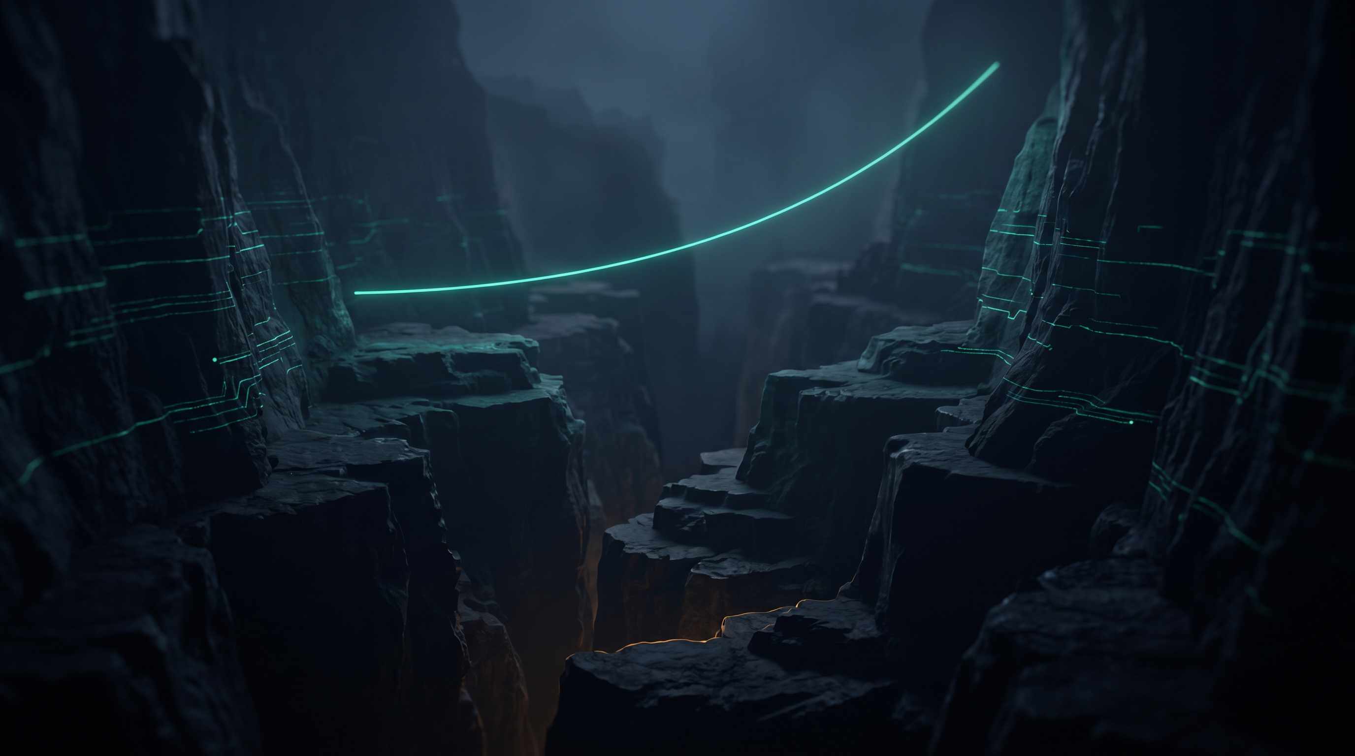 A cinematic render of a vast dark canyon descending in uneven stepped ledges, its walls faintly lined with emerald-teal data striations, with a single smooth glowing curve tracing an ideal slope far above the jagged floor