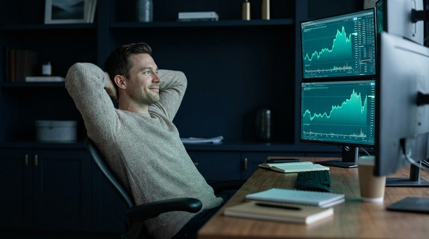 A trader sitting back at a desk looking calmly at charts with a slightly detached posture, representing trading in a simulated account