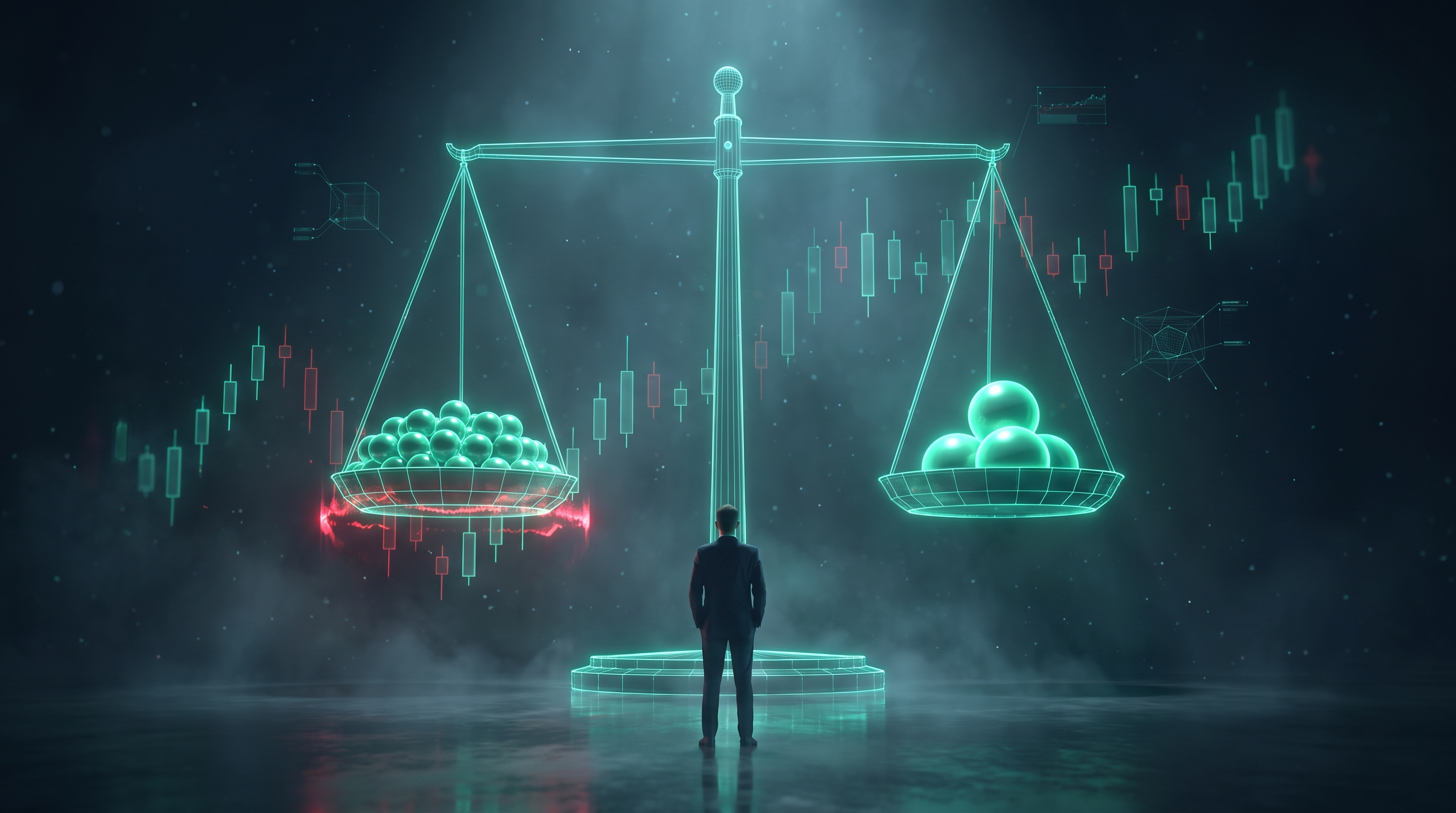 A lone figure in a suit seen from behind facing a giant glowing balance scale of light, one pan holding many small teal orbs and the other a few large teal orbs, representing win rate weighed against risk-to-reward