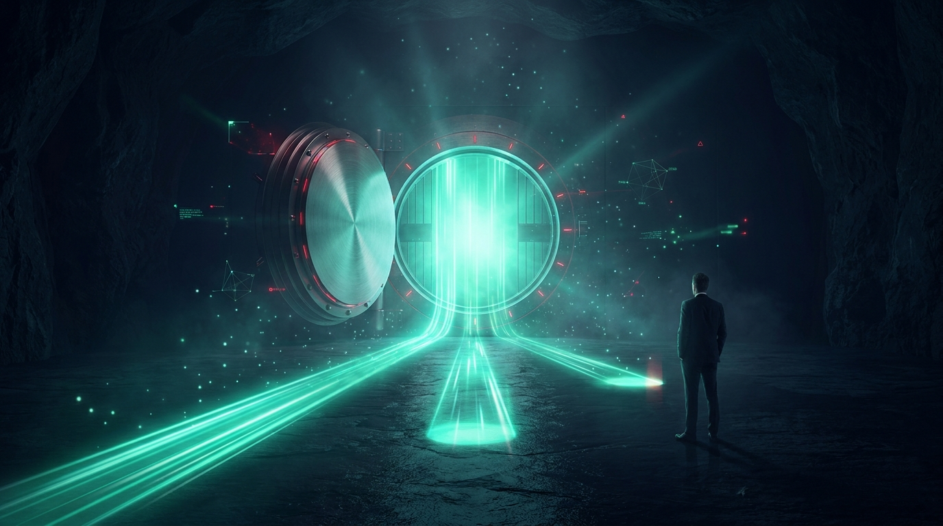 A cinematic render of an open circular vault door spilling emerald light that splits into three glowing channels of different lengths, with a lone figure to one side, representing payout routes and their differing timing