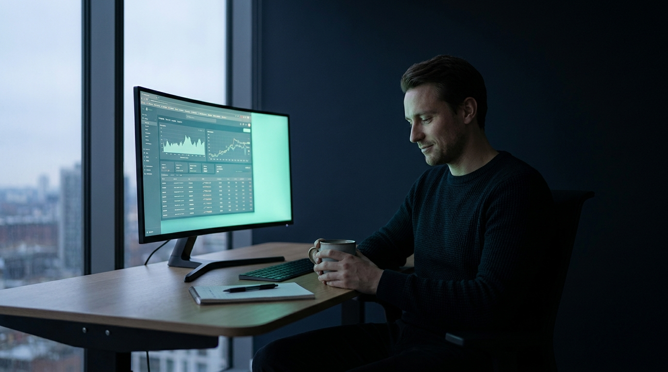 A calm trader at a tidy desk in soft morning light quietly reviewing a monitor with a gentle teal glow