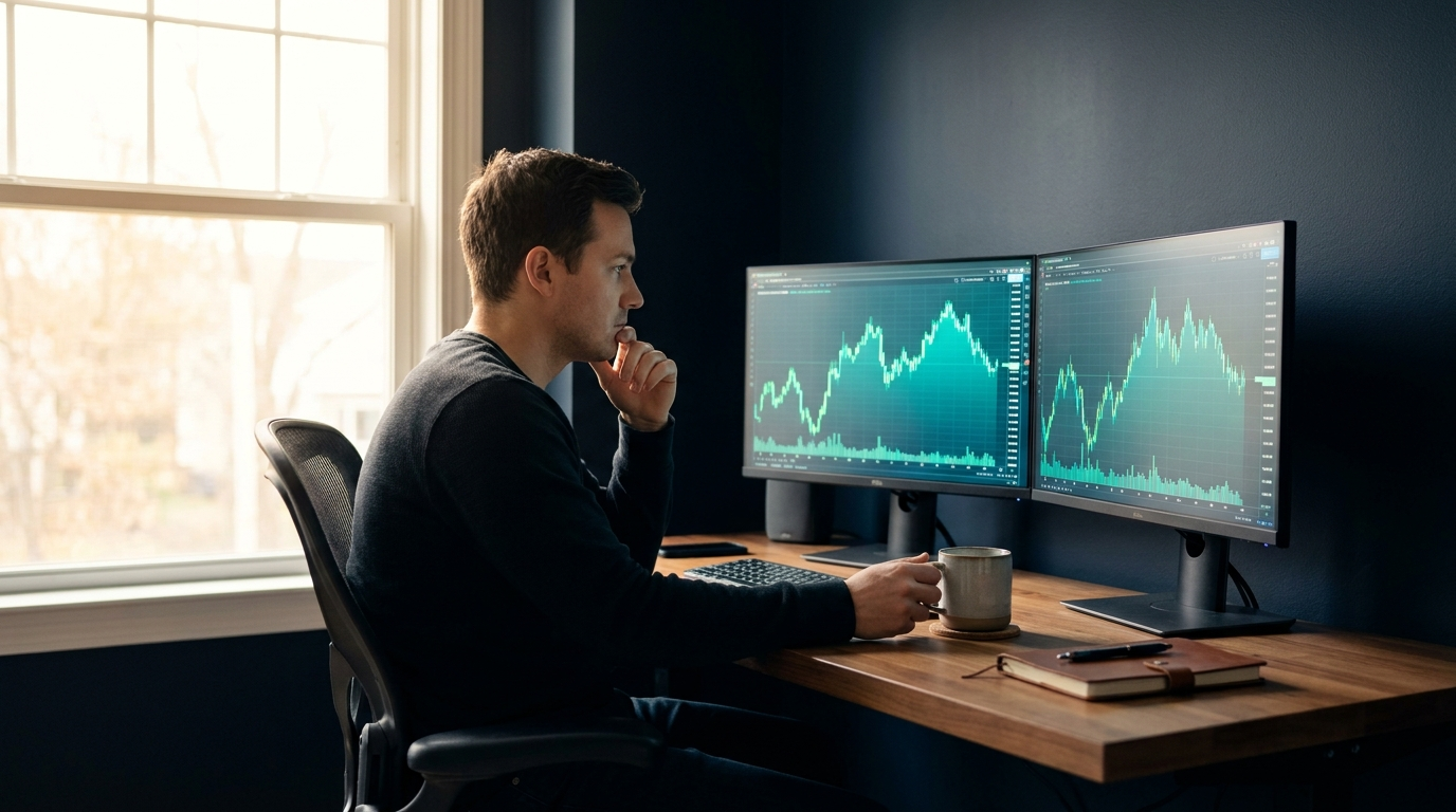 A trader beginning a calm morning at a tidy trading desk with a coffee beside the keyboard and charts on the monitors, representing a steady first week as a funded trader